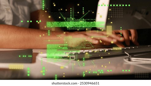 Image of circuit board with data processing over caucasian woman using laptop. Global connections, computing, digital interface and data processing concept digitally generated image.