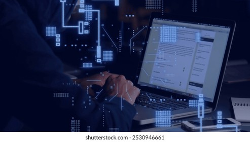 Image of circuit board with data processing over male hacker using laptop. Global connections, computing, digital interface and data processing concept digitally generated image.