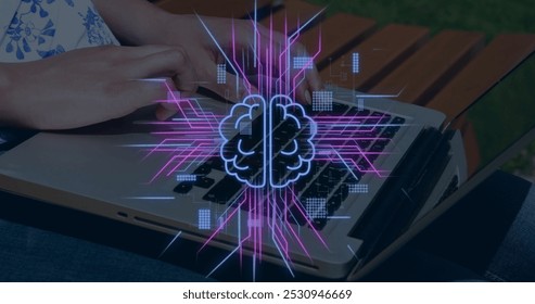 Image of circuit board with data processing over caucasian woman using laptop. Global connections, computing, digital interface and data processing concept digitally generated image.
