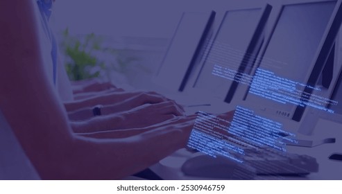 Image of circuit board with data processing over diverse people using computers. Global connections, computing, digital interface and data processing concept digitally generated image.