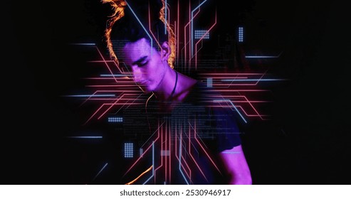 Image of circuit board with data processing over caucasian man using keyboard. Global connections, computing, digital interface and data processing concept digitally generated image.