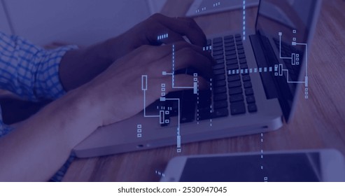 Image of circuit board with data processing over caucasian man using laptop. Global connections, computing, digital interface and data processing concept digitally generated image.
