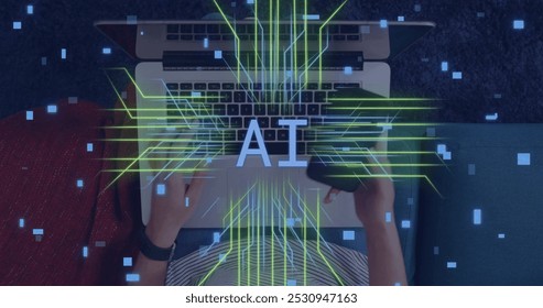 Image of circuit board with data processing over caucasian man with smartphone using laptop. Global connections, computing, digital interface and data processing concept digitally generated image.