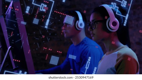 Image of circuit board with data processing over diverse businesspeople in office. Global connections, computing, digital interface and data processing concept digitally generated image. - Powered by Shutterstock