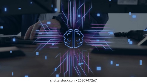 Image of circuit board with data processing over caucasian man using laptop. Global connections, computing, digital interface and data processing concept digitally generated image.