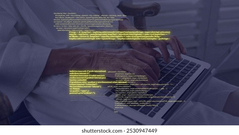Image of circuit board with data processing over caucasian woman using laptop. Global connections, computing, digital interface and data processing concept digitally generated image.