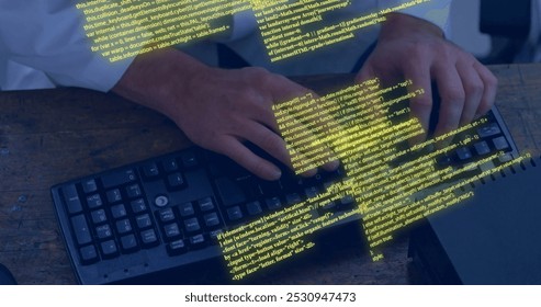 Image of circuit board with data processing over caucasian woman using laptop. Global connections, computing, digital interface and data processing concept digitally generated image.