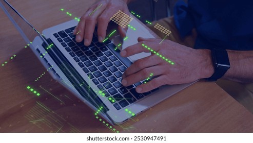Image of circuit board with data processing over caucasian man using laptop. Global connections, computing, digital interface and data processing concept digitally generated image.