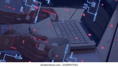 Image of circuit board with data processing over caucasian man using laptop. Global connections, computing, digital interface and data processing concept digitally generated image.