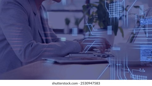 Image of circuit board with data processing over caucasian woman using laptop. Global connections, computing, digital interface and data processing concept digitally generated image.