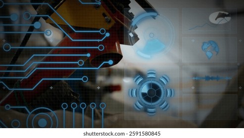 Image of circuit board and data processing over tool in workshop. Global finance, business, connections, computing and data processing concept digitally generated image.