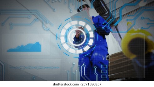 Image of circuit board and data processing over caucasian male worker with clipboard. Global finance, business, connections, computing and data processing concept digitally generated image.