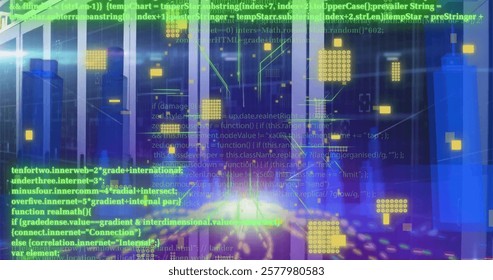 Image of circuit board and digital data processing over computer servers. Global connections, computing and data processing concept digitally generated image.