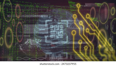 Image of circuit board and globe with qr code over data processing. Global technology, online security and digital interface concept digitally generated image.