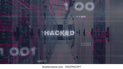 Image of circuit board pattern around hacked text over binary codes on server room. Digital composite, multiple exposure, coding, networking, technology and network server concept.