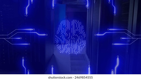 Image of circuit board pattern around brain against server room in background. Digital composite, multiple exposure, artificial intelligence, networking, technology and network server concept. - Powered by Shutterstock - Get 15% off with code: PIKWIZARD15