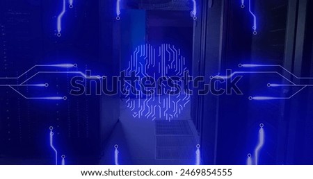 Image of circuit board pattern around brain against server room in background. Digital composite, multiple exposure, artificial intelligence, networking, technology and network server concept.