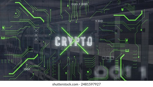 Image of circuit board pattern, binary codes and crypto text over server room. Digital composite, multiple exposure, currency, computer language, data center, networking and technology concept.