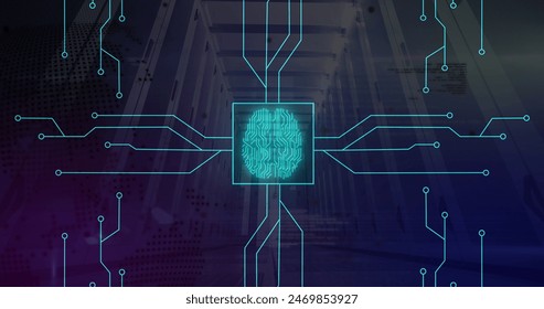Image of circuit board pattern, brain in square, globe against low angle view of server room. Digital composite, globalization, artificial intelligence, networking, technology and network server.