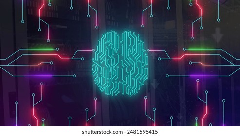 Image of circuit board pattern brain over data server systems in server room. Digital composite, artificial intelligence, network security, data center, networking and network server concept.