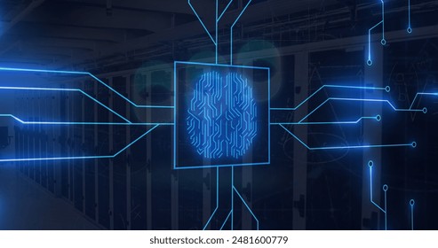 Image of circuit board pattern brain over data server racks in server room. Digital composite, multiple exposure, artificial intelligence, data center, networking and technology concept.
