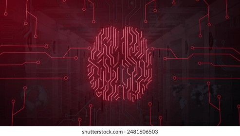 Image of circuit board pattern brain over data server systems in server room. Digital composite, artificial intelligence, network security, data center, networking and network server concept.