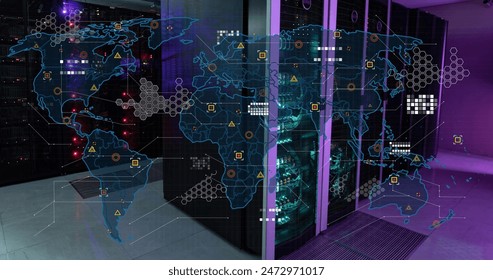 Image of circuit board pattern on map over data server racks in server room. Digital composite, multiple exposure, power supply, global, data center, networking, technology and network server.