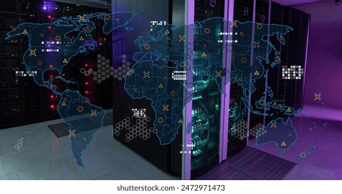Image of circuit board pattern on map over data server racks in server room. Digital composite, multiple exposure, power supply, global, data center, networking, technology and network server.