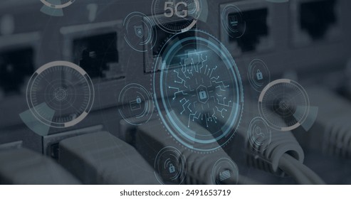 Image of circuit board pattern and padlocks in shield and icons, 5g text, back panel of router. Digital composite, multiple exposure, protection, connection, technology and network server concept.