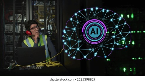 Image of circular ai scanner and brain network over asian male technician in server room. Data, digital interface, connection, processing and artificial intelligence, digitally generated image. - Powered by Shutterstock