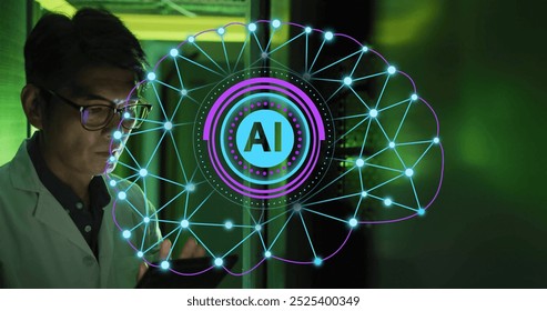 Image of circular ai scanner and brain network over asian male technician in server room. Data, digital interface, connection, processing and artificial intelligence, digitally generated image. - Powered by Shutterstock