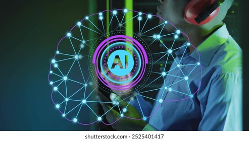 Image of circular ai scanner and brain network over asian male technician in server room. Data, digital interface, connection, processing and artificial intelligence, digitally generated image. - Powered by Shutterstock