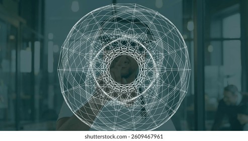 Image of circular geometry, over man wearing vr headset using virtual interface. global communication technology and digital interface concept, digitally generated image.