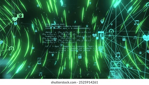 Image of circular pattern and connected icons forming globes with computer language. Digitally generated, hologram, communication, globalization, coding, programming language and technology. - Powered by Shutterstock - Get 15% off with code: PIKWIZARD15