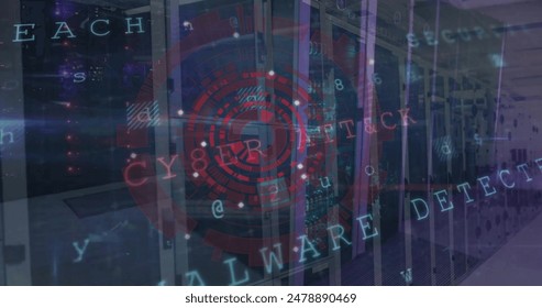 Image of circular scanner, data processing and security warning text over computer server room. Data, security, digital interface, cybercrime and global communication, digitally generated image.