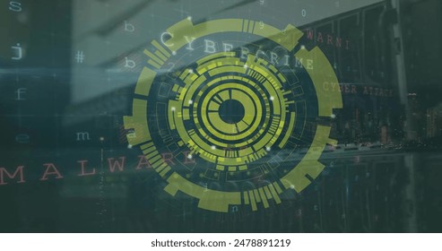 Image of circular scanner, data processing and security warning text over computer server room. Data, security, digital interface, cybercrime and global communication, digitally generated image.