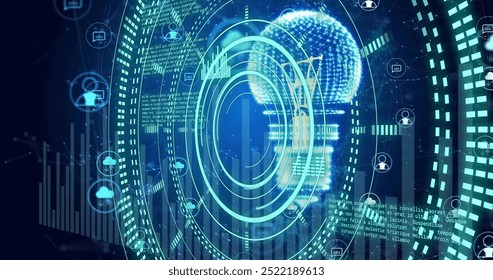 Image of circular scanner and data processing, light bulb and networks on dark background. Network, energy, digital interface, science, research and communication, digitally generated image.