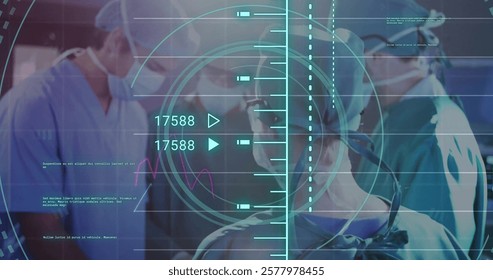 Image of circular scanner and data processing on charts over diverse surgeons operating. Data, digital interface, connection, hospital, healthcare and communication, digitally generated image.