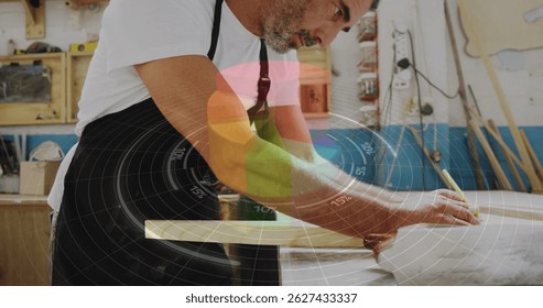 Image of circular scanner data processing over caucasian male carpenter working in workshop. Global communication, work and digital interface concept digitally generated image. - Powered by Shutterstock - Get 15% off with code: PIKWIZARD15