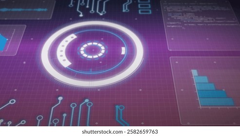 Image of circular scanner, light and charts processing data on dark purple background. Connection, network, data, digital interface and communication, digitally generated image.