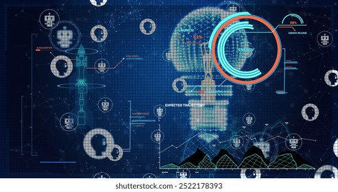 Image of circular scanner over light bulb, processing data, chatbot and people icons. Connection, data, processing, ai, energy, digital interface and communication, digitally generated image.