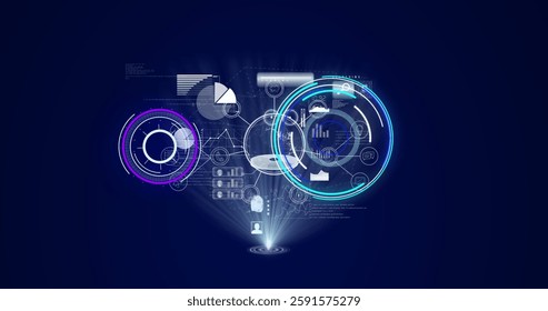 Image of circular scanner, processing data and communication network on dark blue background. Digital interface, data, network, connection and global communication, digitally generated image.