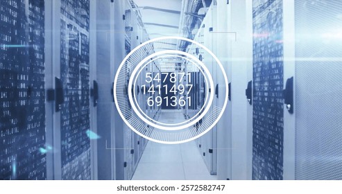 Image of circular scanner processing numeric data over server room. Network, data, digital interface and communication, digitally generated image. - Powered by Shutterstock - Get 15% off with code: PIKWIZARD15