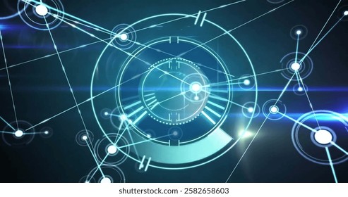 Image of circular scanner processing over networks and blue lights on dark background. Data, digital interface, connection, processing and communication, digitally generated image. - Powered by Shutterstock - Get 15% off with code: PIKWIZARD15