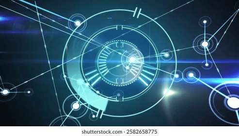 Image of circular scanner processing over network and blue lights on dark background. Data, digital interface, connection, processing and communication, digitally generated image.
