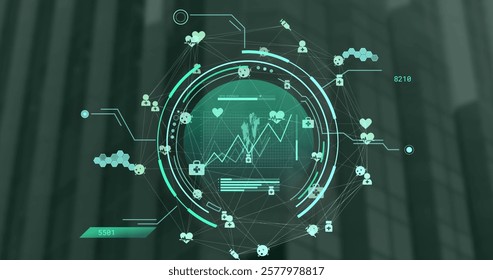 Image of circular scanner processing world map and network of medical icons on dark background. Network, data, healthcare, medicine, digital interface and communication, digitally generated image.