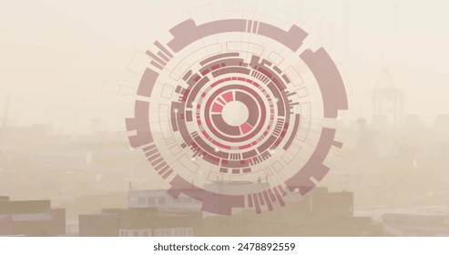 Image of circular scanner, red globe and data processing over cityscape. Data, processing, digital interface, business and global communication, digitally generated image. - Powered by Shutterstock - Get 15% off with code: PIKWIZARD15
