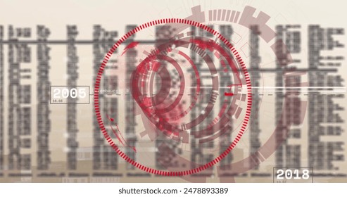 Image of circular scanner, red globe and data processing over cityscape. Data, processing, digital interface, business and global communication, digitally generated image. - Powered by Shutterstock - Get 15% off with code: PIKWIZARD15