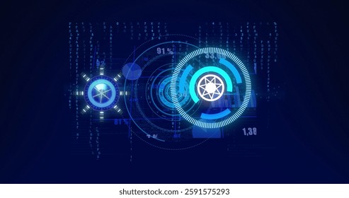 Image of circular scanners processing data on dark blue background. Digital interface, data, network, connection and global communication, digitally generated image.