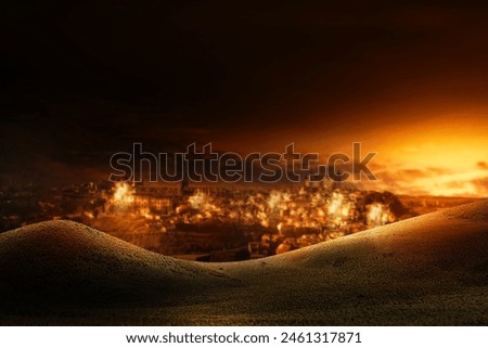 An Image of a city in the desert under attack with explotion and smokes at night. Military aggresion concept